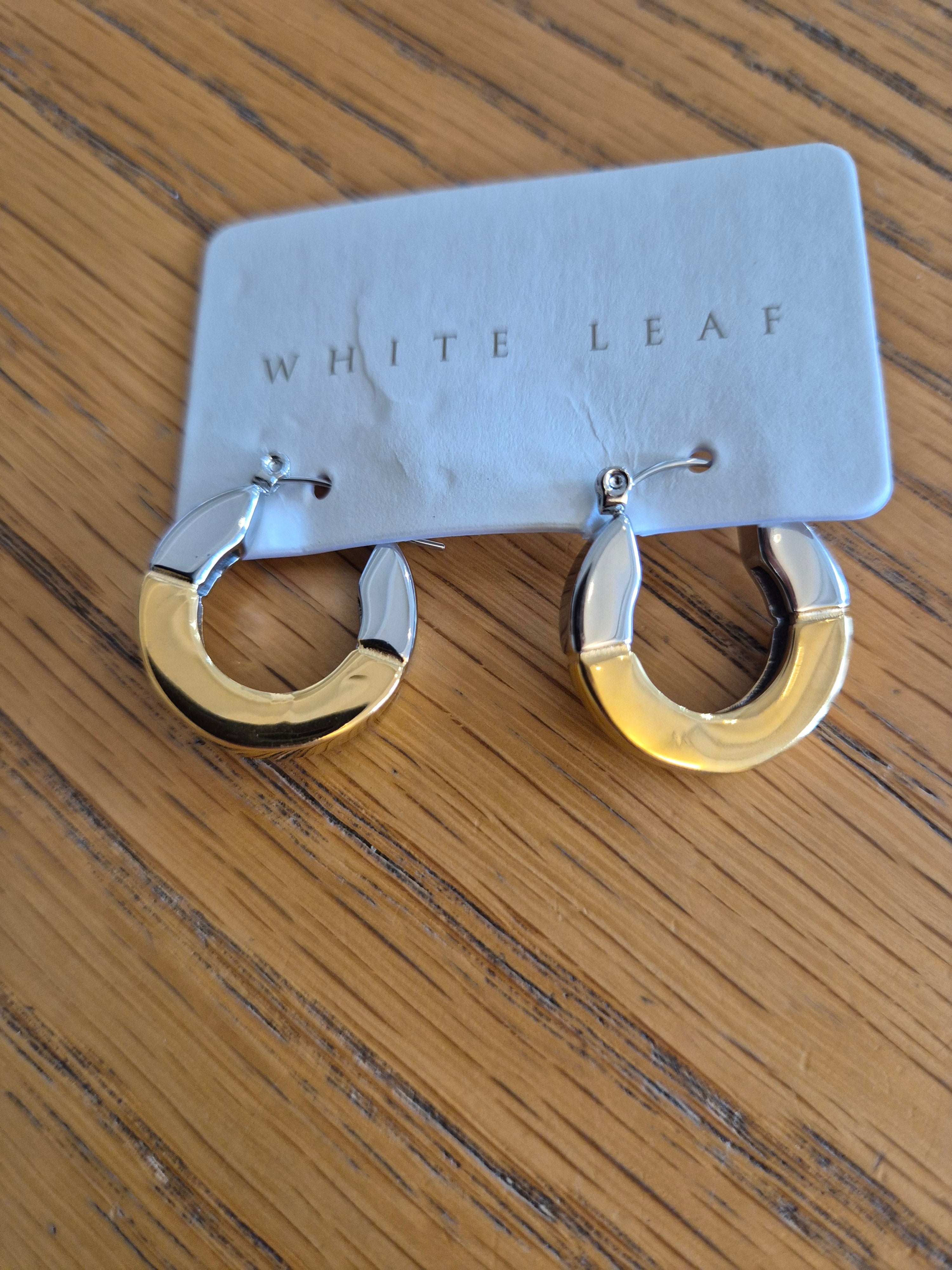 White Leaf - Two Tone Hoop Earring