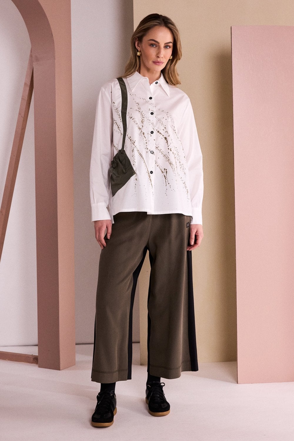Naya 26262 Print Shirt With Khaki Gathered Color Trim