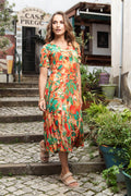 Orientique 30216 Sau Paulo Multi Colour Print Short Slevess Godet Dress
